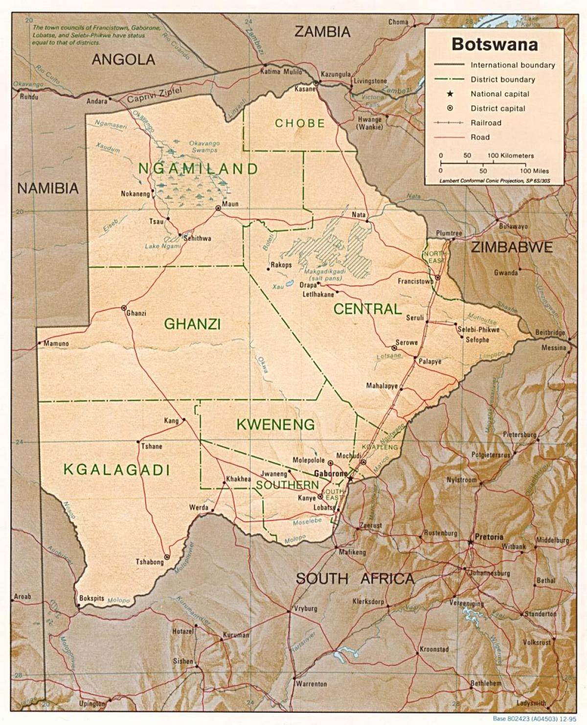 kaart Botswana, mis näitab linnad ja külad